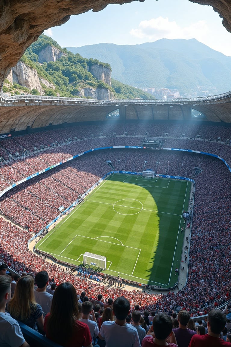 A soccer stadium,  built into the side of an ancient cliff,  with people playing on it. A crowd watches from above and aro...