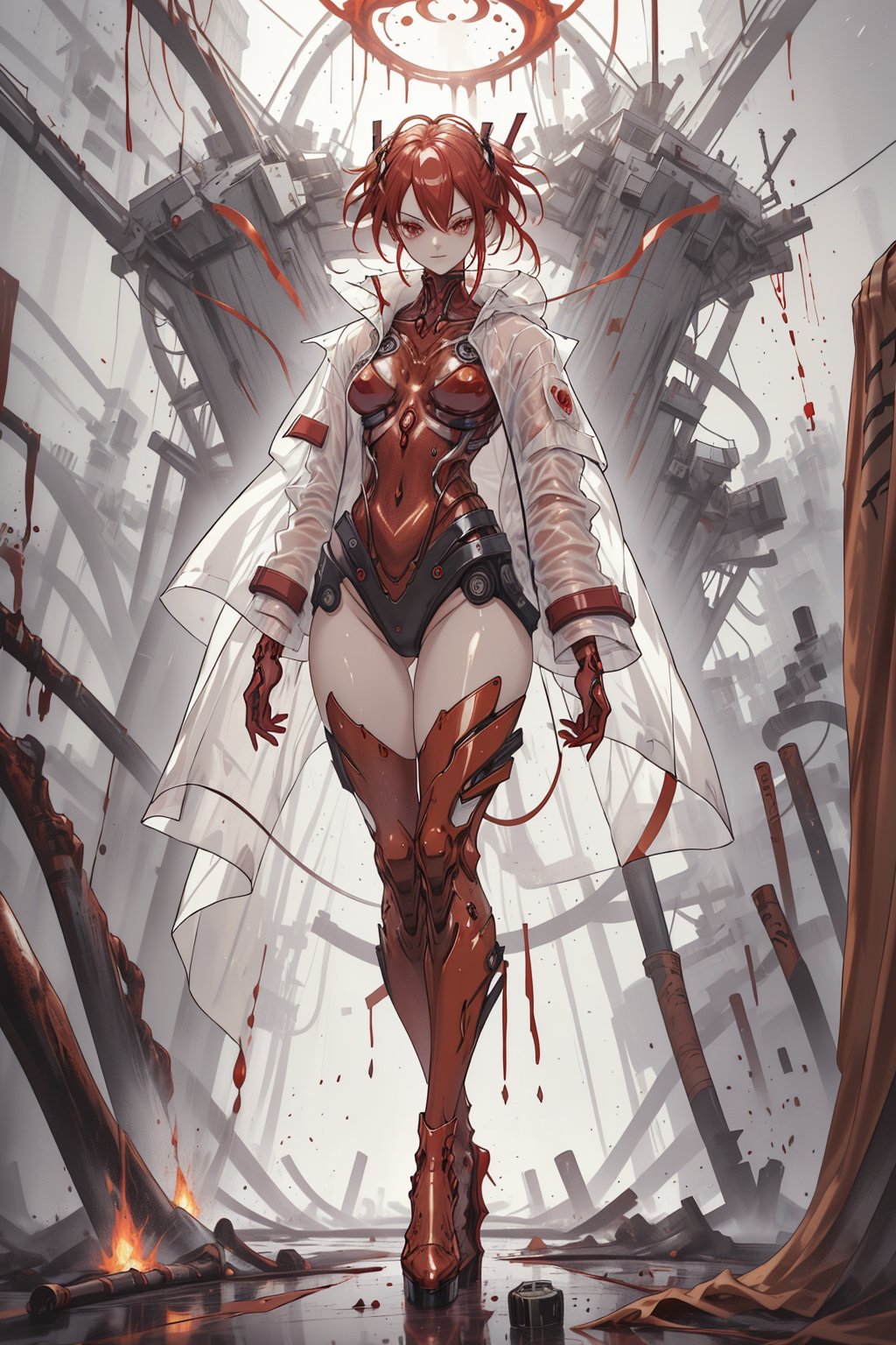 red eyes,and an ominous aura,red flame inside body, wine and flaming splash, wearing a high heels boots, wearing a pearl-white nanotechnology's loosely big Vega-punk-Luffy raincoat and wearing a hyper nano skeleton-evangelion ceramics mirror armor design.