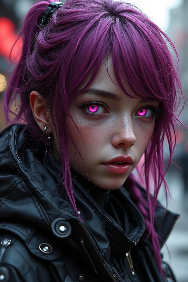 Pretty female android with colored magenta eyes, magenta hair, wearing a black jacket, cyberpunk, outdoor, street, hyperrealism, photorealistic, 8k, unreal engine, 3d render --ar 9:16 --niji 5 --style expressive --s 400