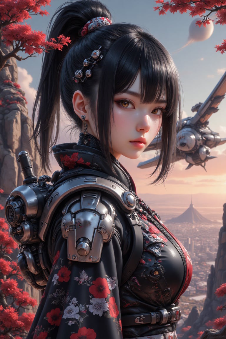 Heroic girl bathed in otherworldly light,  her sharp gaze fixed on the endless alien horizon,  blending the elegance of Ja...