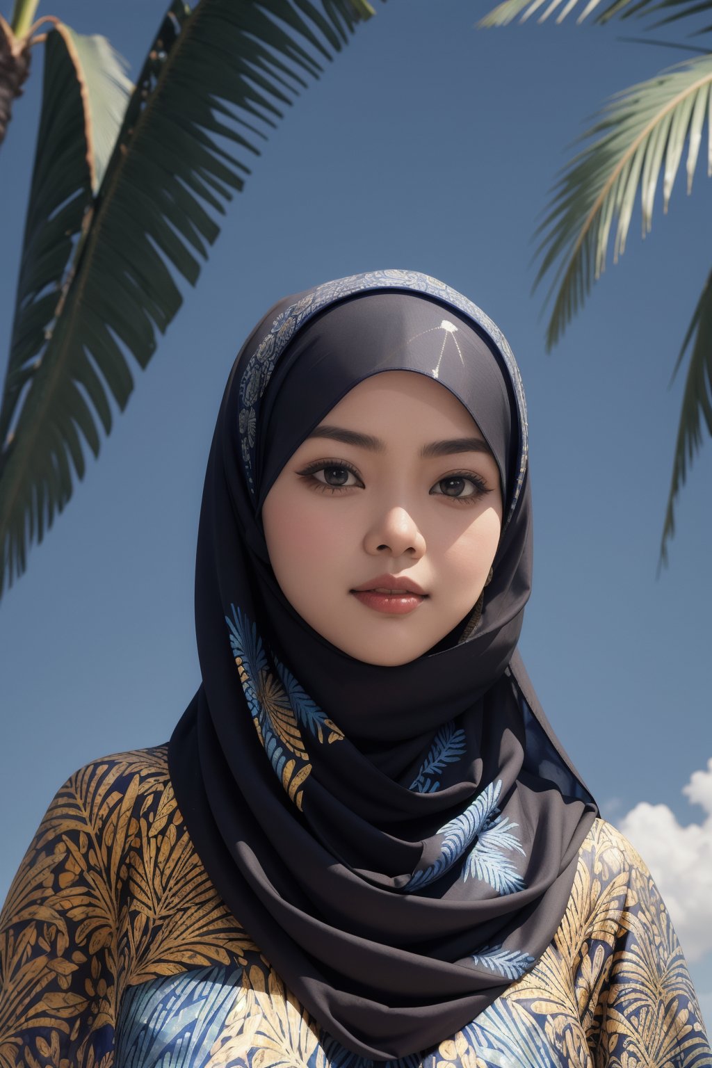 a captivating malay women  holding up a hijab in batik pattern, show half her front hair, facing camera, centre frame.  smooth and shiny texture, batik colour is dark blue background with white and red patterns. background is clear sky and tall palms, creating a striking and eye cathing effect, Canon DSLR, ISO 1200, medium shot, day light,