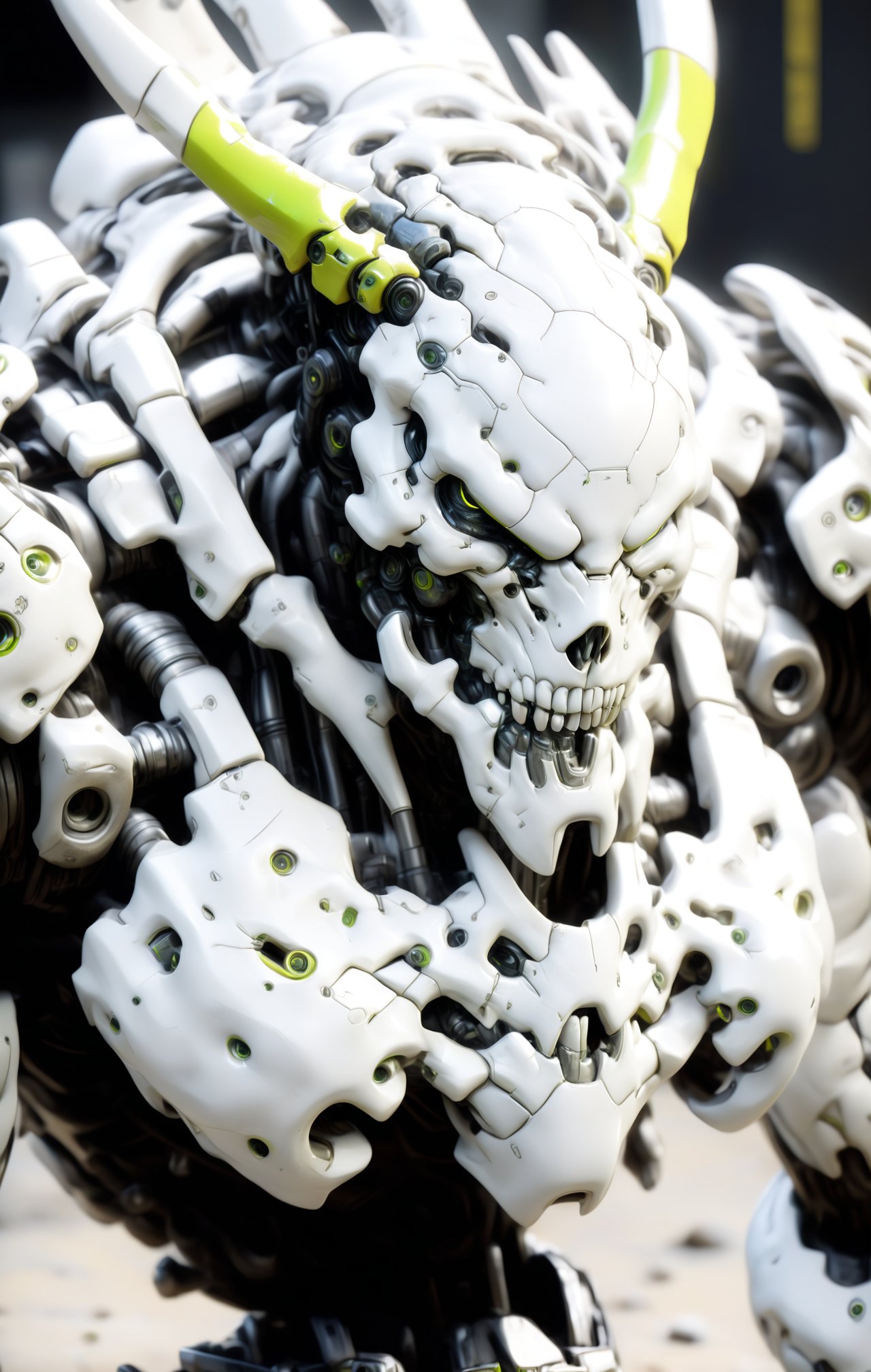 *Hyper realistic precision in detail, photo real octane render of an apex skull with detailed, ceramic armor, striking yellow florencent, green and white color, in the style of Hajime Sorayama and Yoji Shinkawa, ultimate neo cyberpunk design, hyper realism, depth of field , scar and piercing mark on the bone, sharp focus --ar 51:64 --niji 6 --style raw* 