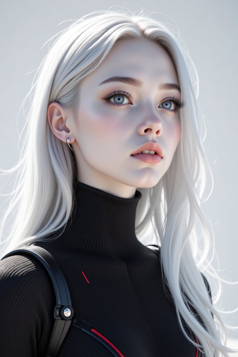 A striking portrait of a youthful woman with an ethereal presence. Her flawless,  porcelain-like skin reflects a delicate...