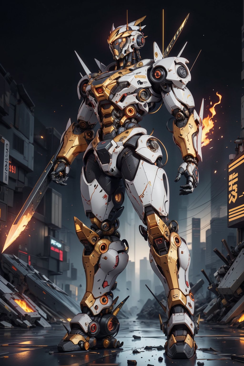 masterpiece,nijimecha,Golden samurai mechs,heavy mechs,heavy armor,energy cores,crystals,stubby limbs,glowing eyes,fire,glow,standing,taller,larger,no human,neon punk,Glitch Art,universe, depth of field --niji 6 --style raw --ar 63:74