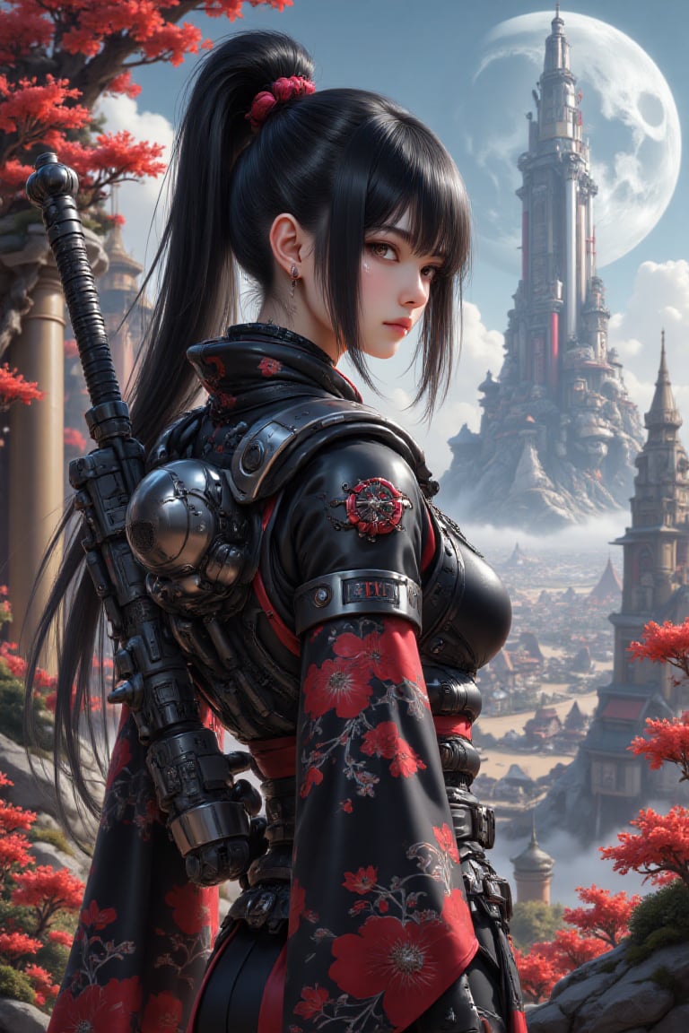 Heroic girl bathed in otherworldly light,  her sharp gaze fixed on the endless alien horizon,  blending the elegance of Ja...