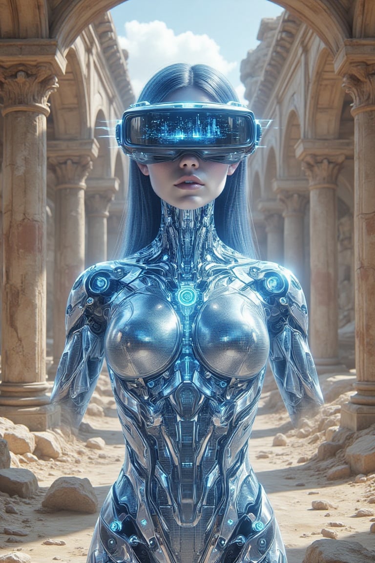 In this stunning and futuristic artwork,  a female figure stands confidently amidst the ruins of an ancient,  crumbling st...