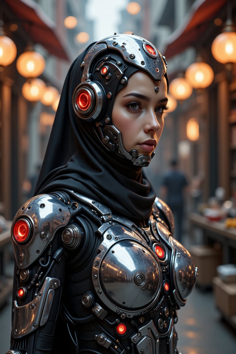 A striking fusion of futuristic technology and cultural heritage,  the scene features a young woman depicted as a cybernet...