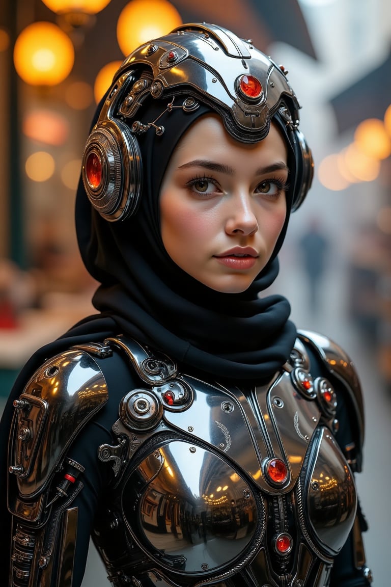 A striking fusion of futuristic technology and cultural heritage,  the scene features a young woman depicted as a cybernet...