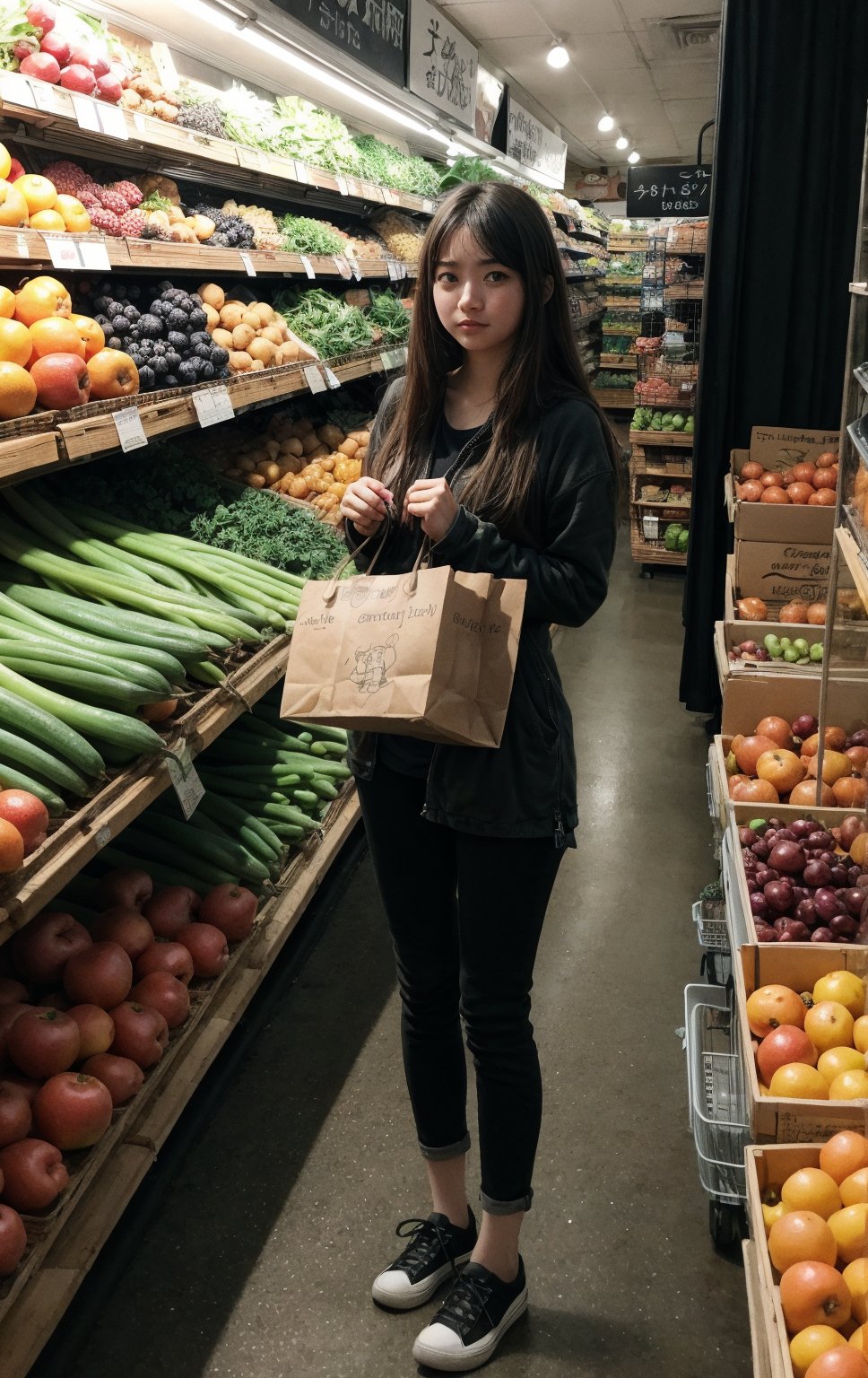 there is a woman standing in front of a produce section, getting groceries, shopping groceries, stood in a supermarket, in style of digital illustration, detailed fanart, high quality fanart, cartoon digital painting, in an anime style, official fanart, digital drawing, artwork in the style of guweiz, in the art style of bowater, in anime style, urban girl fanart