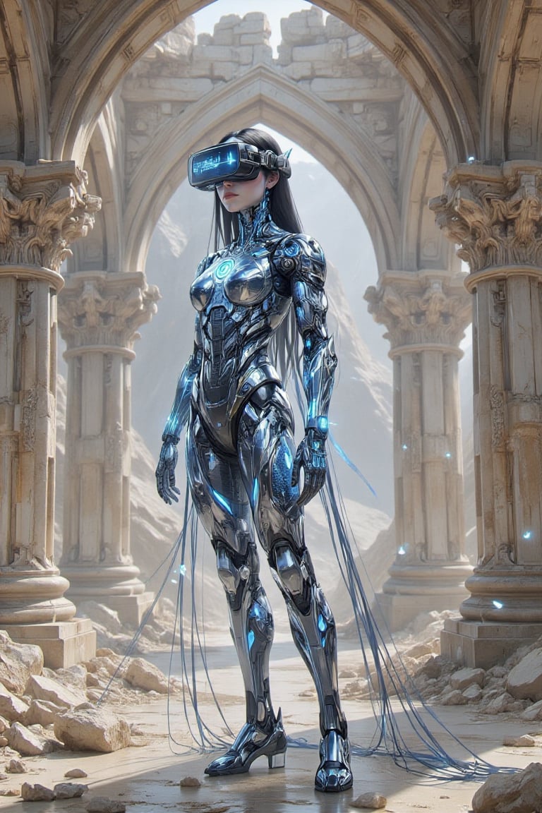 In this stunning and futuristic artwork,  a female figure stands confidently amidst the ruins of an ancient,  crumbling st...