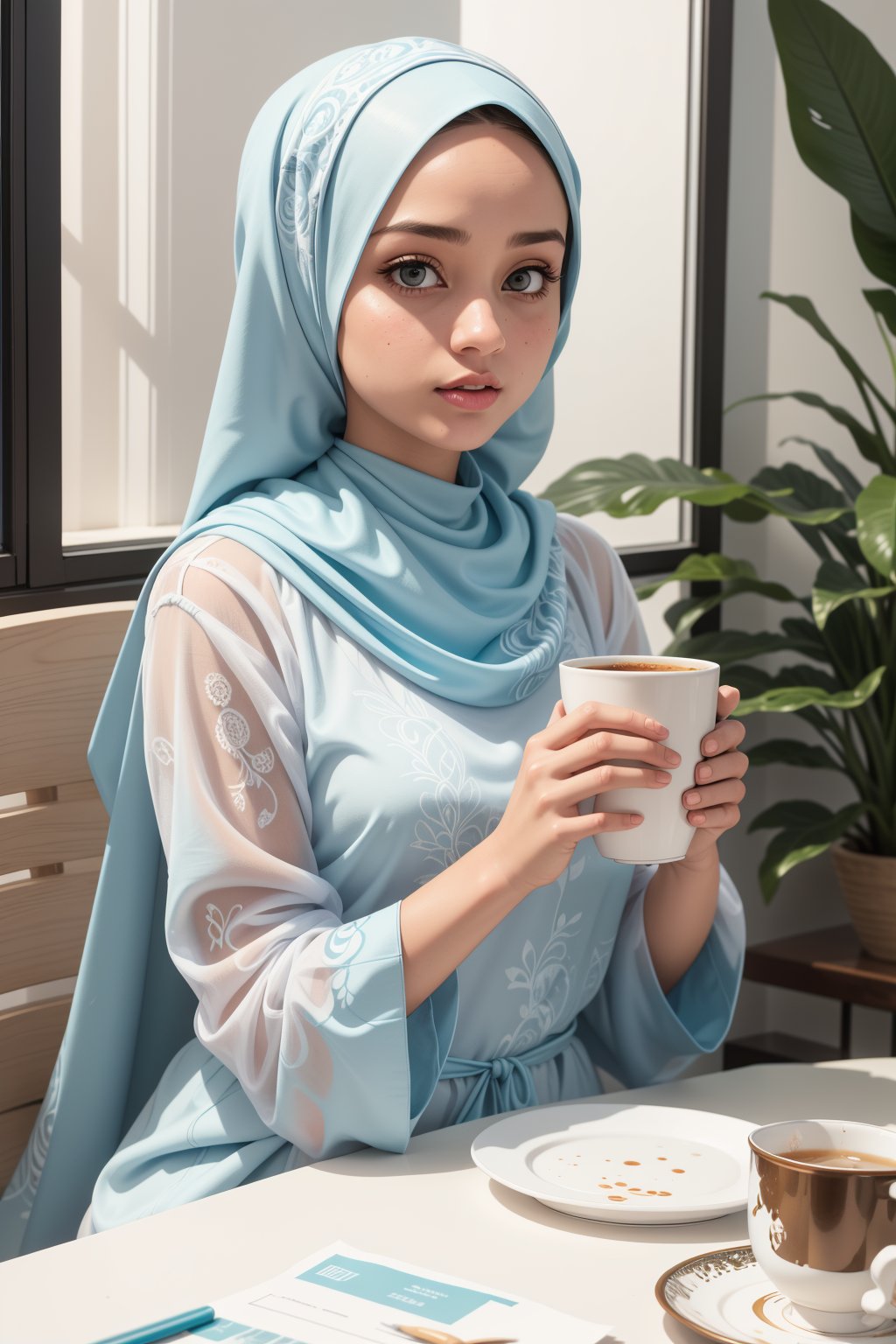 digital illustration painting on wet canvas of beautiful white moeslima woman,soft makeup,wearing soft blue color hijab and light blue blouse with green paisley print,holding a cup of lattee.bg well decorated cafe ,soft realism,soft painterly,modern soft pastel colors,bold stroke lines,white background,negative space,inspired by Alena Tkach