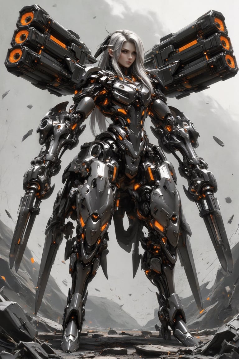 A stunning fusion of human elegance and mechanized power,  this futuristic female warrior dominates the scene,  surrounded...