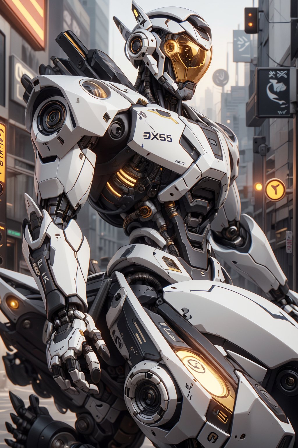 Create an poster image full lenght of a white dragon Robot Mecha Soldier, wearing Futuristic gold and white Soldier Armor and Weapons, Reflection Mapping, Realistic Figure, Hyper Detailed, Cinematic Lighting Photography, hdr, ray tracing, nvidia rtx, super-resolution, unreal 5, subsurface scattering, pbr texturing, post-processing, anisotropic filtering, depth of field, maximum clarity and sharpness, hyper realism, depth of field --ar 51:64 --niji 6 --style raw