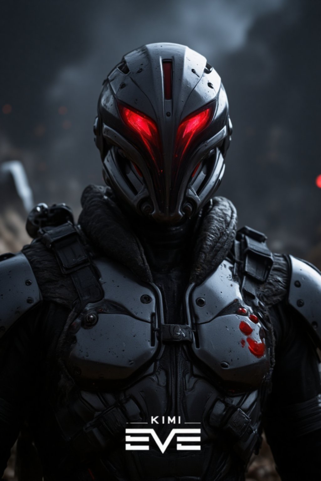 FuturisticWarrior style,, The image is a digital art piece that appears to be a futuristic or sci-fi scene. It shows a close-up of a gallente assault's head and upper body, with a metallic armor-like appearance. The gallente assault's face is covered in red eyes, giving it a futuristic and ominous look. The background is a dark, cloudy sky with a hint of smoke or dust. The overall mood of the image is dark and ominous. The word "KIMI" is written in white text on the bottom right corner, with the word "EVE" in a larger font size than the rest of the text.