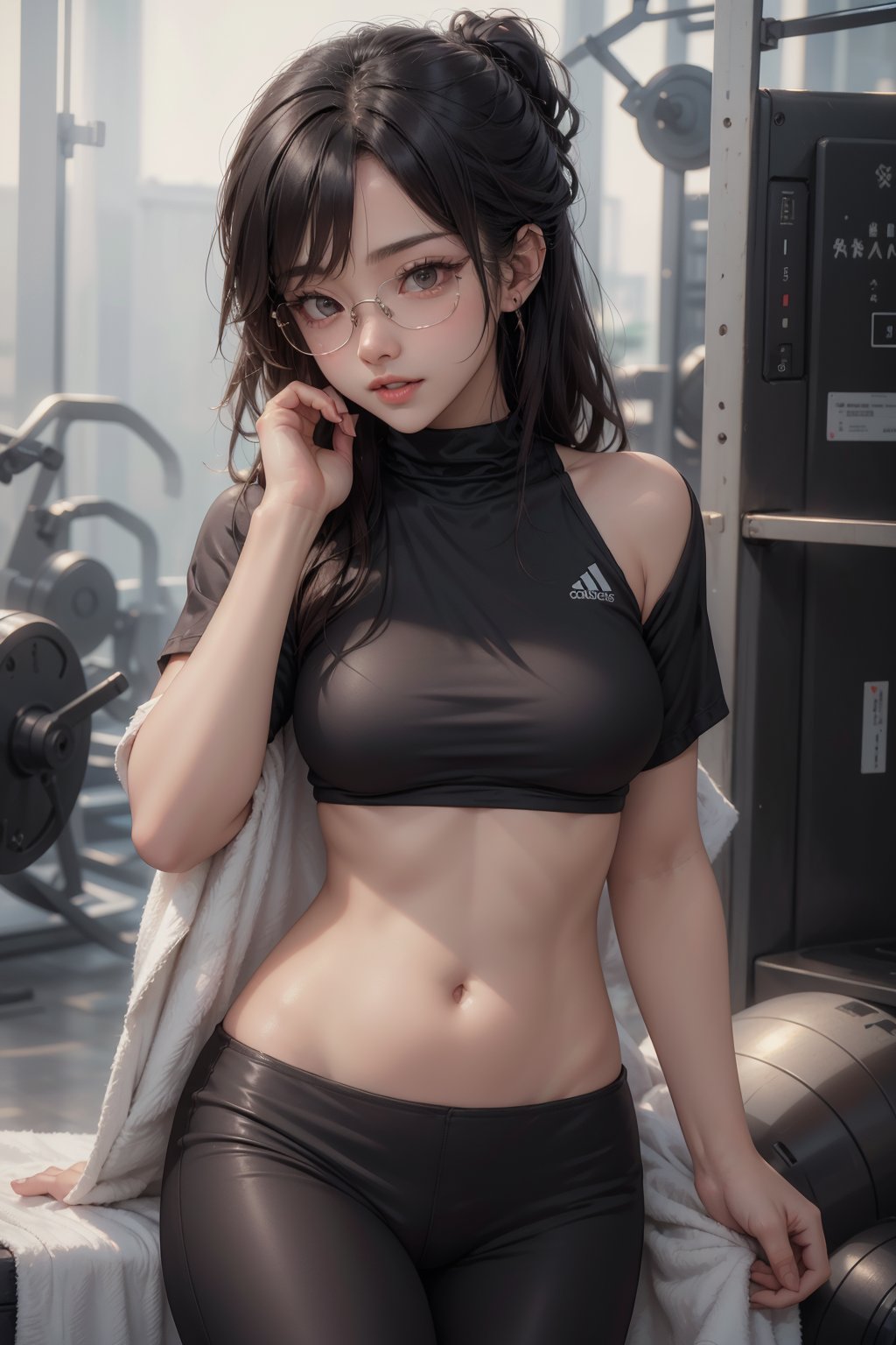 a young cute beautiful malaysian, in gym, behind pose, she wear glasses, masterpiece, ultra realistic, 32k, sharp focus, realistic, wearing athleisure, holding a towel, hair tied,