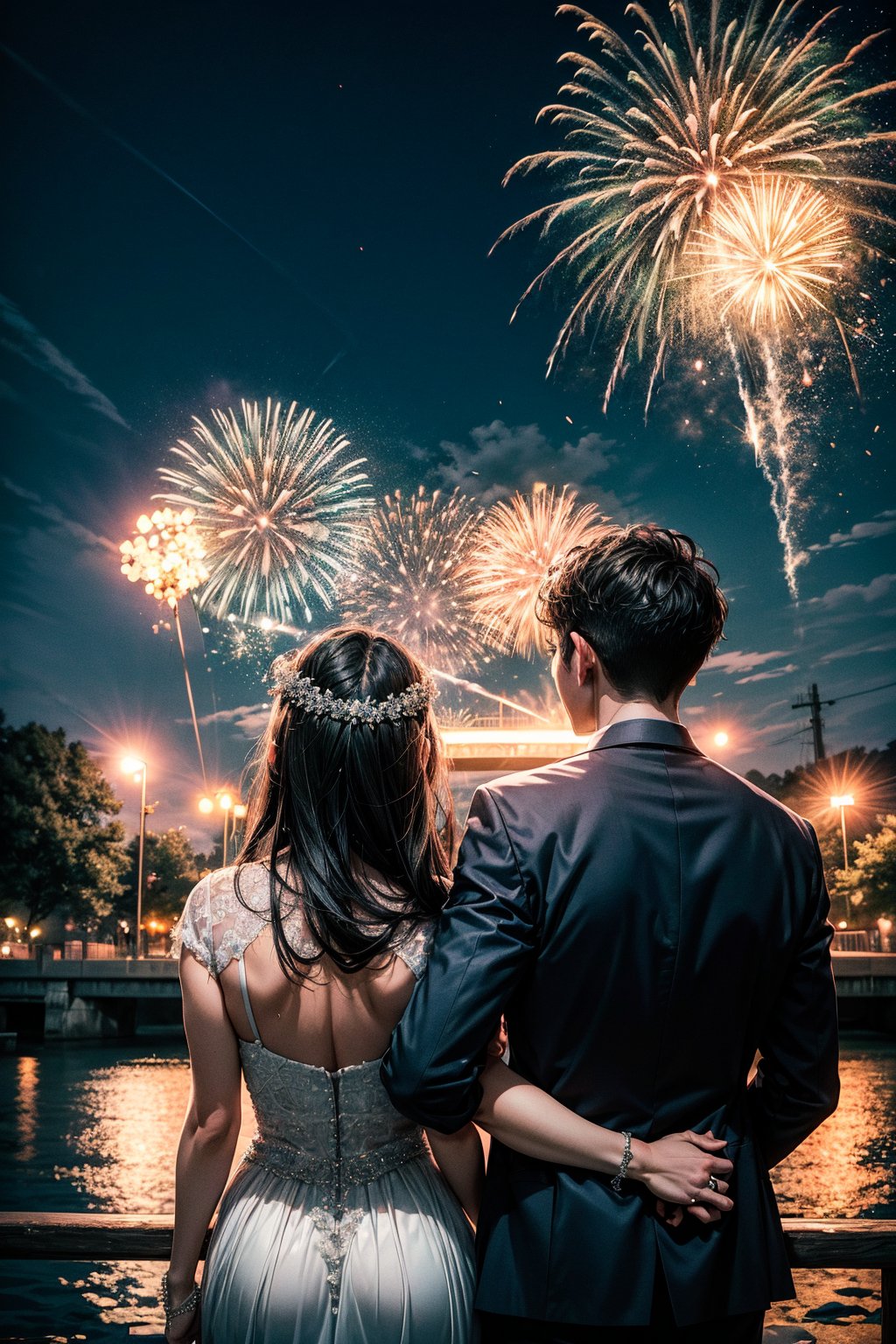 A couple getting married, outdoor, landscape, fireworks in a sky, (From behind:1.2). Raw photo, depth of field, UHD, retina, masterpiece, super detail, high details, high quality, award winning, best quality, highres, 