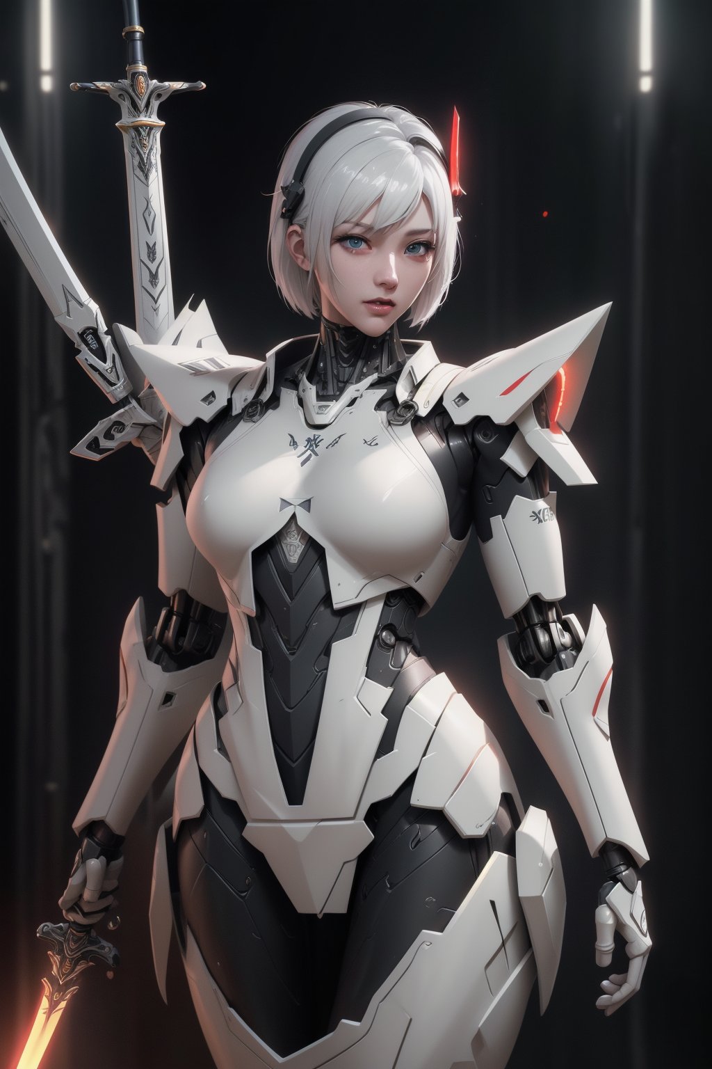 mecha_musume_color_red_black_and white, 1girl, short_hair, white_hair, science_fiction, weapon, sword, holding_sword, blue_eyes, solo, headgear, holding_weapon, mecha, standing, Hyper Detailed, Cinematic Lighting Photography capturing every intricate detail, shot on nvidia rtx for realism, showcasing super-resolution and rendered in Unreal 5. Enhanced with subsurface scattering and PBR texturing for a lifelike appearance, in stunning 32k UHD resolution. 