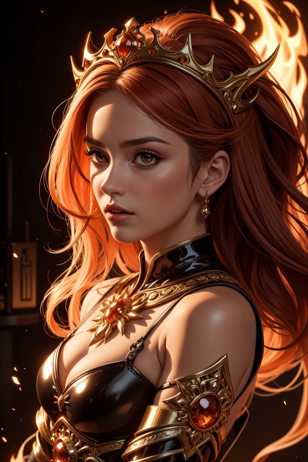 queen of fire character, a crown made of flames, photorealistic, epic, dramatic lighting