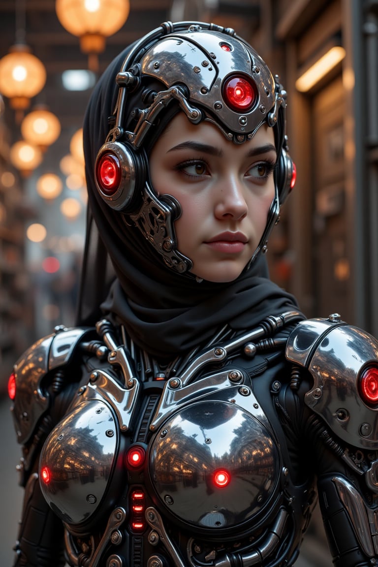 A striking fusion of futuristic technology and cultural heritage,  the scene features a young woman depicted as a cybernet...