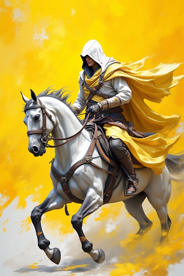 A vibrant high-contrast oil painting, a fantasy concept with vibrant lighting effects & blurred composition, white, yellow and grey colors, and vividly vibrant yellow accented light reflections on horse & rider from the side. chromatic-yellow & grey with textured brushstrokes and blurred edges Assassin's Creed character on horseback in a dynamic action scene, against a stylized yellow background with dramatic brushstrokes, in a fantasy art style, set on a simple background.
--no black colours or dark
--v 6.1 --ar 2:3 --s 1000 --q 2