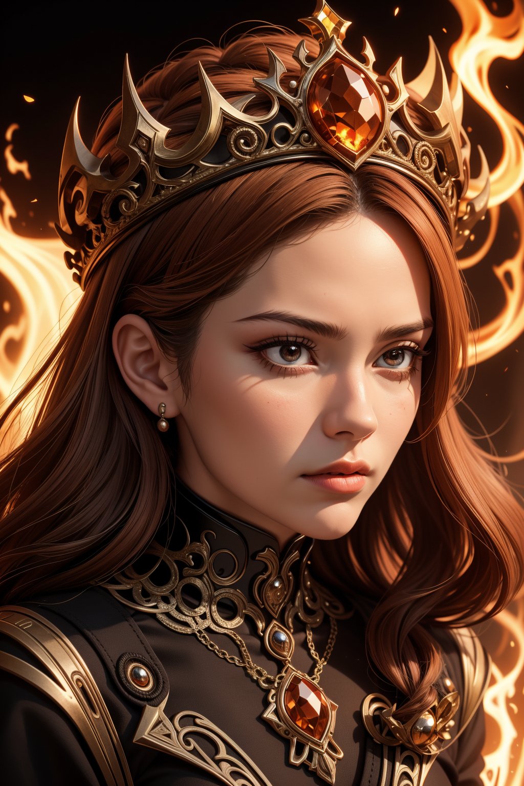 queen of fire character, a crown made of flames, photorealistic, epic, dramatic lighting