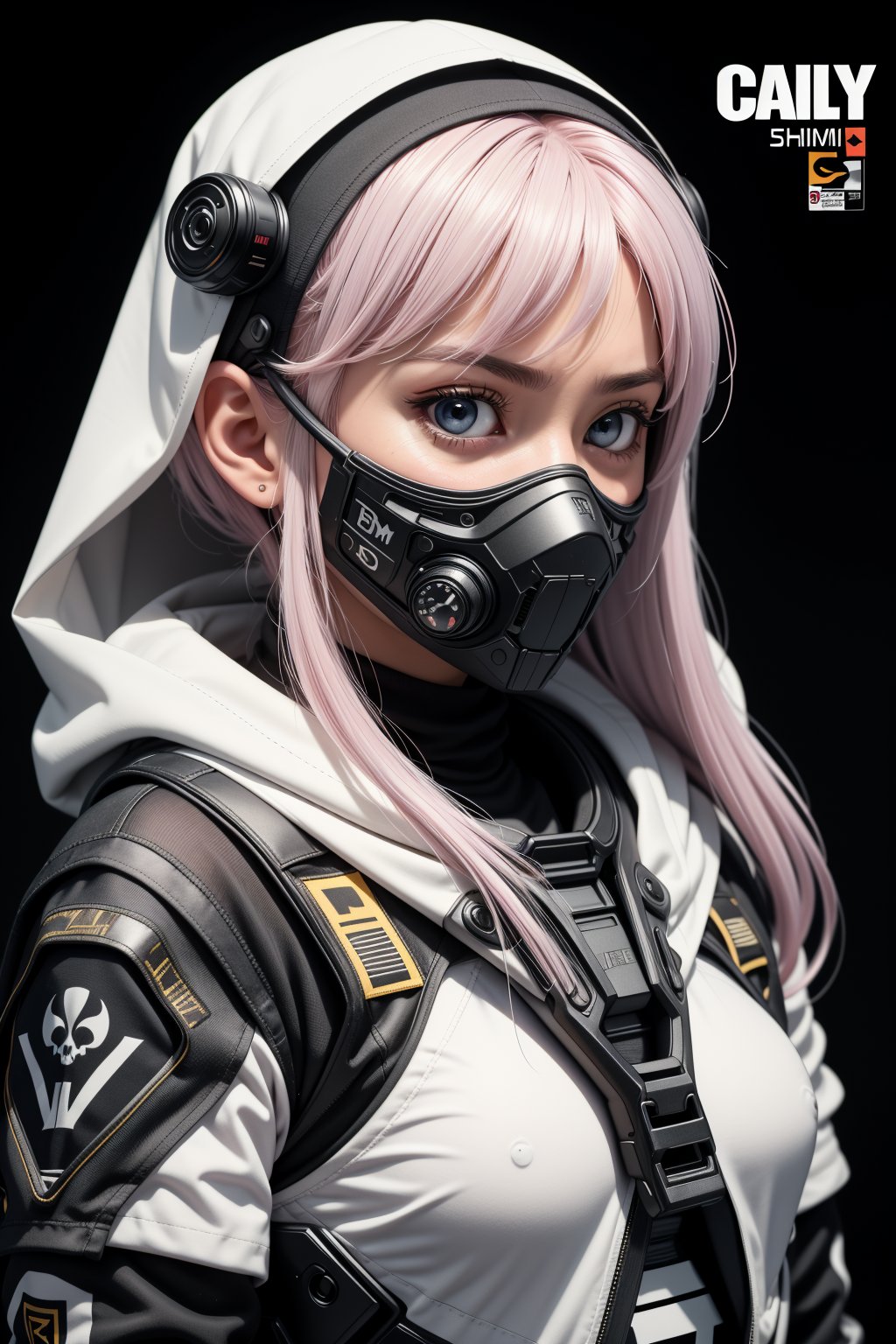 A comic cover with white title text "CALL OF DUTY" written in vibrant white grunge brush font depicting anime style extreme close up, 3/4 quarter profile, Malay woman wearing a tattered hood with intricate skull-patterned mask covering her mouth and nose stares intensely into the distance, gripping aiming a target with a sniper rifle. blue eyes, long, ethereal pink hair cascades from beneath the hood, contrasting with the dark, muted tones of the clothing ,on the bottom is a red text "Kimi Shinoda" , flat yellow background