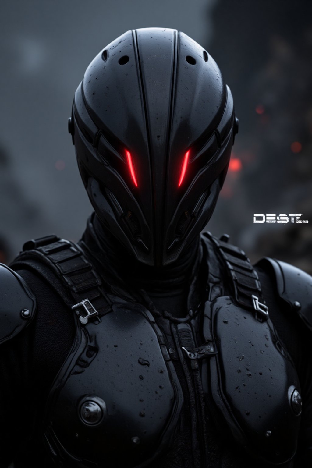 FuturisticWarrior style,, The image is a digital art piece that appears to be a futuristic or sci-fi scene. It shows a close-up of a gallente assault's head and upper body, with a metallic armor-like appearance. The gallente assault's face is covered in red eyes, giving it a futuristic and ominous look. The background is a dark, cloudy sky with a hint of smoke or dust. The overall mood of the image is dark and ominous. The word "DUST" is written in white text on the bottom right corner, with the word "EVE" in a larger font size than the rest of the text.