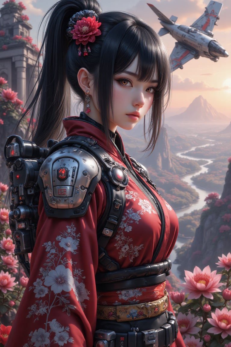Heroic girl bathed in otherworldly light,  her sharp gaze fixed on the endless alien horizon,  blending the elegance of Ja...