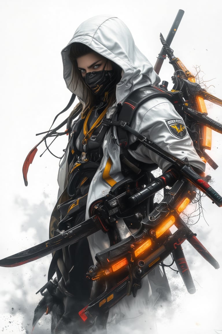 line art 2.5D anime style, an ninja assassin,.wear hoodie, wear a  half assassin mask, wield a dual blade with grip at center part, curving like a moon shape, white background, fully with smoke and foggy (line stroke style), the art mixing with black, white, orange and red colors