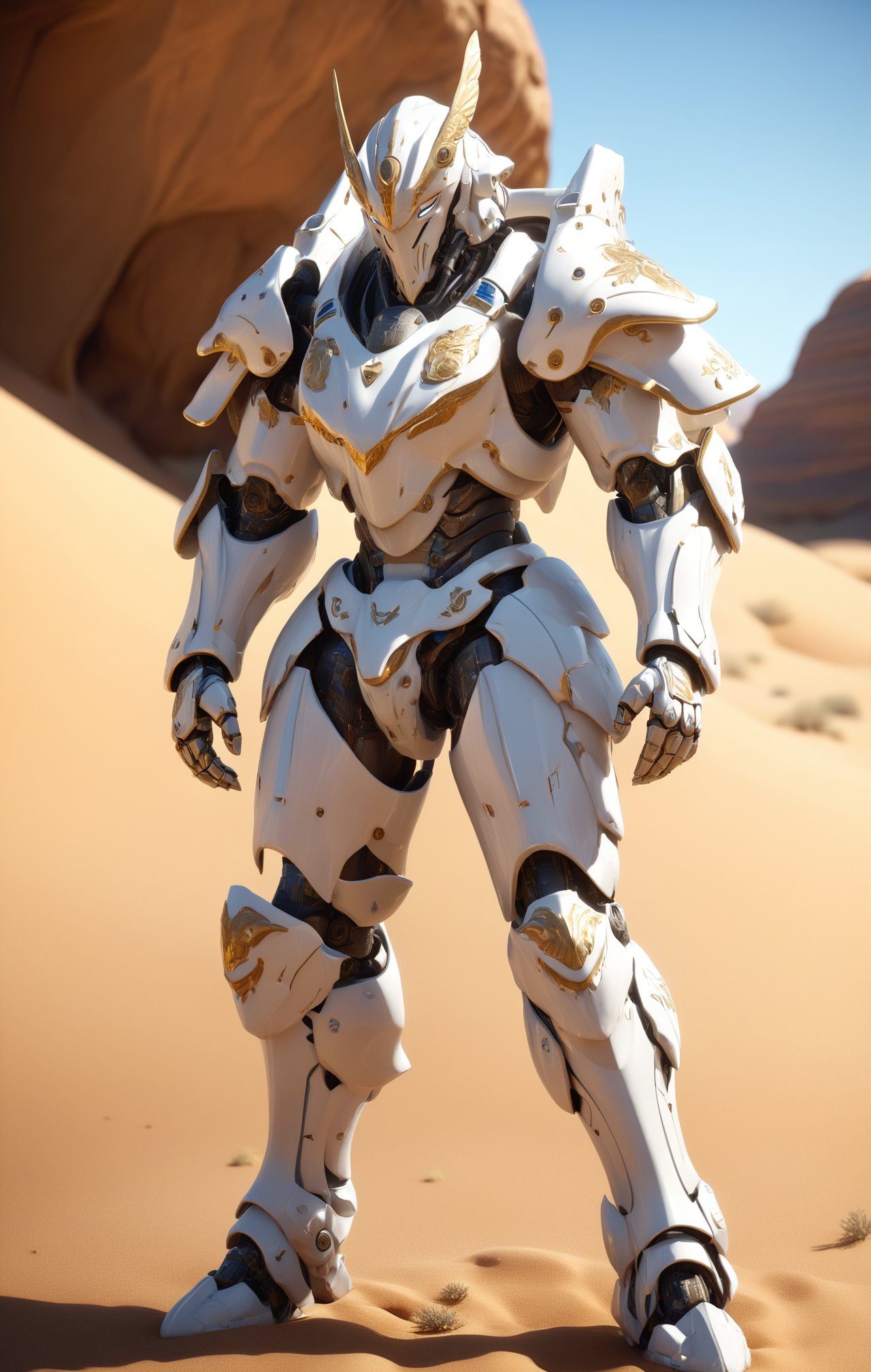 Masterpiece, Create a full body length of a warrior. In a desert.  Mechanical Armor. White armor. Firefly from: Star Rail. Extremely Realistic, Hyper Detailed, High quality, Cinematic Lighting Photography, nvidia rtx, super-resolution, unreal 5, subsurface scattering, pbr texturing, 32k UHD, Photorealistic, Hyperrealistic, Detailed, Octane, iso300.