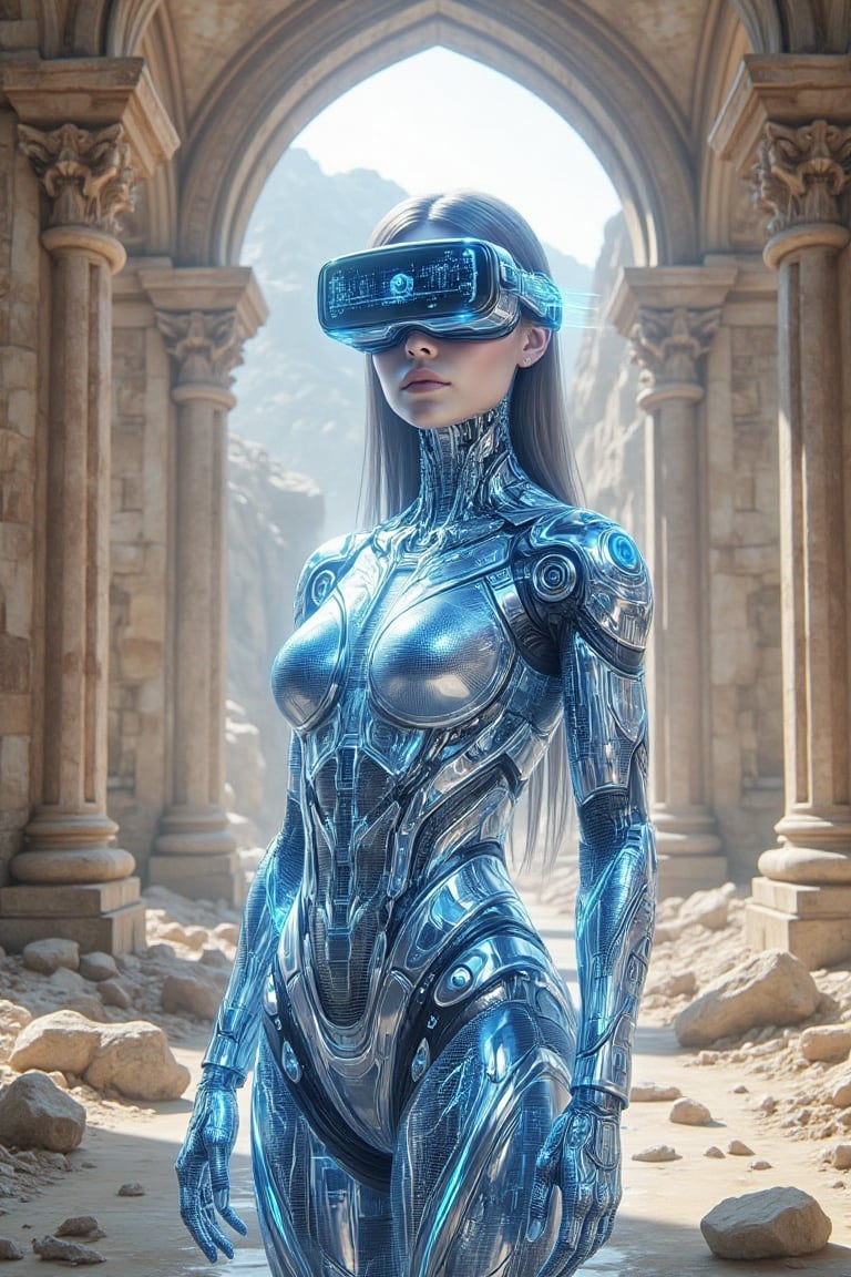 In this stunning and futuristic artwork,  a female figure stands confidently amidst the ruins of an ancient,  crumbling st...