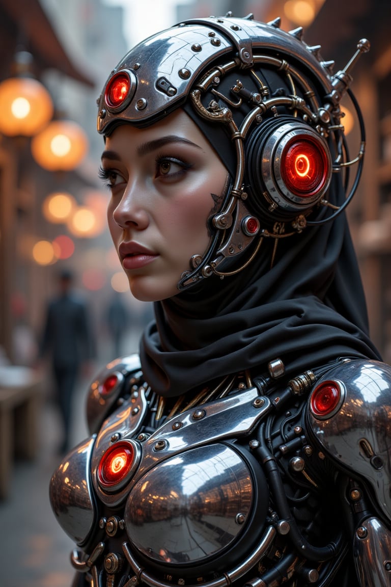 A striking fusion of futuristic technology and cultural heritage,  the scene features a young woman depicted as a cybernet...