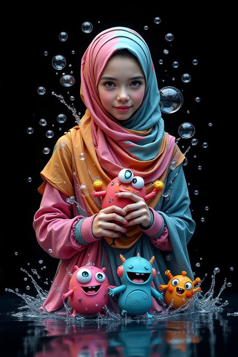 Create an image of a perfectly beautiful hijabi queen, she's surrounded by 3d doodle of cute monsters in the style of Doodleoo and both hands pinch the Doodleoo, bubbles and splash water against a black background with vibrant colors, high resolution, high detail, high quality , high contrast, professional photography, professional lighting, precise details, solid color background, masterpiece, best quality, highres, perfect artwork, best design award winner 