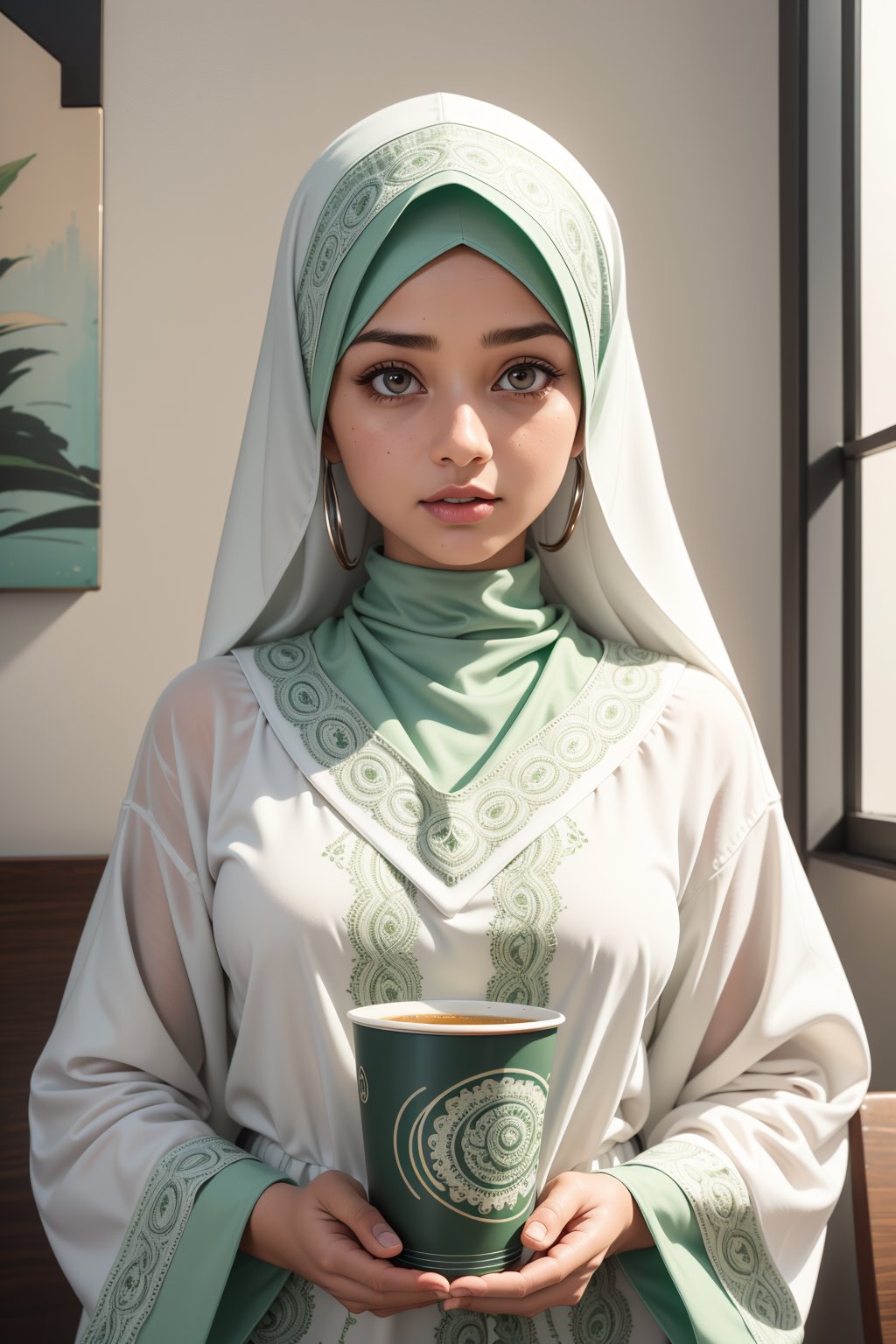 digital illustration painting on wet canvas of beautiful white moeslima woman,soft makeup,wearing soft green color hijab and light green blouse with green paisley print,holding a cup of lattee.bg well decorated cafe ,soft realism,soft painterly,modern soft pastel colors,bold stroke lines,white background,negative space,inspired by Alena Tkach