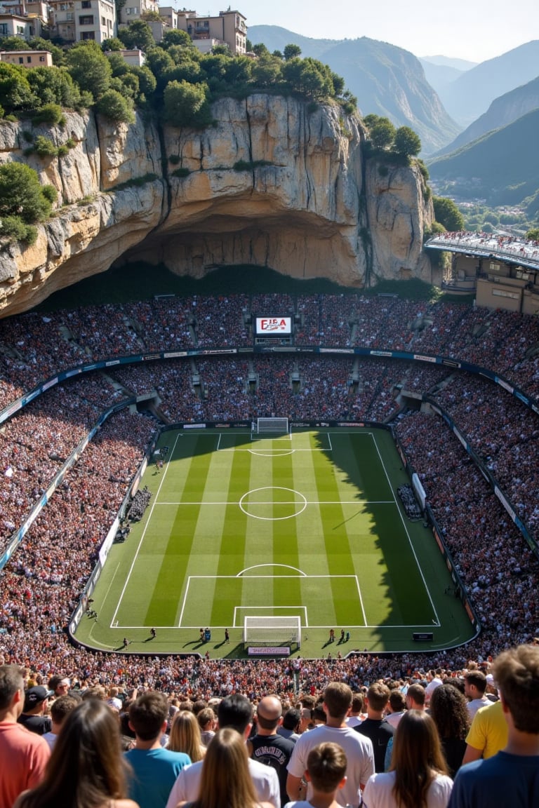 A soccer stadium,  built into the side of an ancient cliff,  with people playing on it. A crowd watches from above and aro...