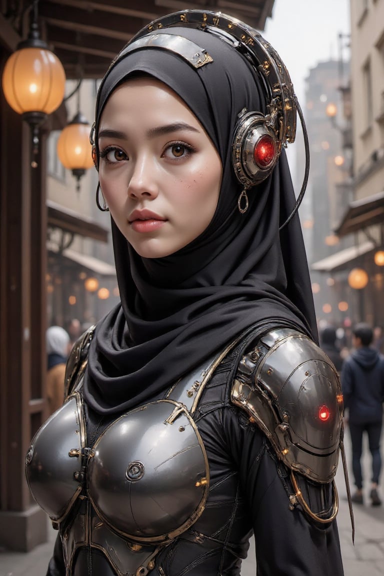 A striking fusion of futuristic technology and cultural heritage,  the scene features a young woman depicted as a cybernet...