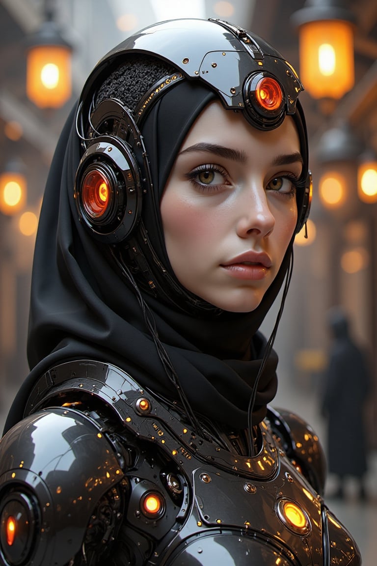 A striking fusion of futuristic technology and cultural heritage,  the scene features a young woman depicted as a cybernet...