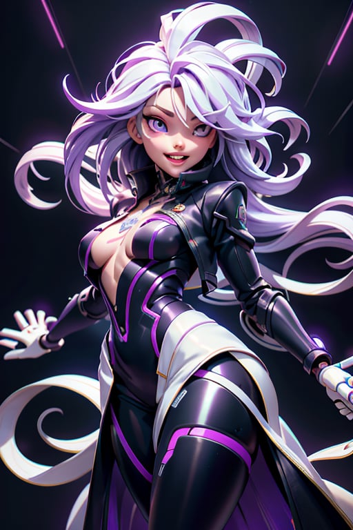 create of a full view length a android, mechanical arms, lightning, purple lightning, clouds, (dark theme:1.3), outstretched arms, wide eyed, limited pallete, cinematic lighting, backlight, white hair, absurdly long hair, hair over one eye, purple eyes, seductive smile, evil smile, wide-eyed, head tilt, white jacket, purple, purple theme, open mouth, constricted pupils, ,Futuristic