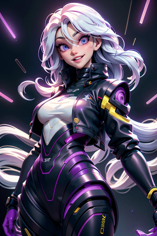 create of a full view length a android, mechanical arms, lightning, purple lightning, clouds, (dark theme:1.3), outstretched arms, wide eyed, limited pallete, cinematic lighting, backlight, white hair, absurdly long hair, hair over one eye, purple eyes, seductive smile, evil smile, wide-eyed, head tilt, white jacket, purple, purple theme, open mouth, constricted pupils, ,Futuristic