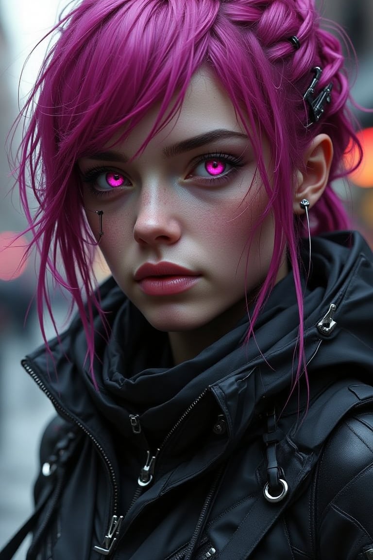 Pretty female android with colored magenta eyes, magenta hair, wearing a black jacket, cyberpunk, outdoor, street, hyperrealism, photorealistic, 8k, unreal engine, 3d render --ar 9:16 --niji 5 --style expressive --s 400