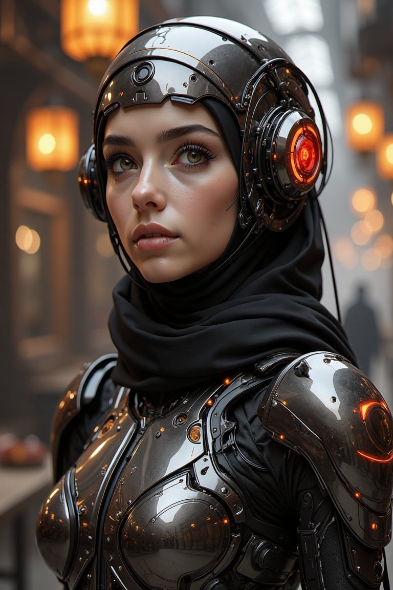 A striking fusion of futuristic technology and cultural heritage,  the scene features a young woman depicted as a cybernet...