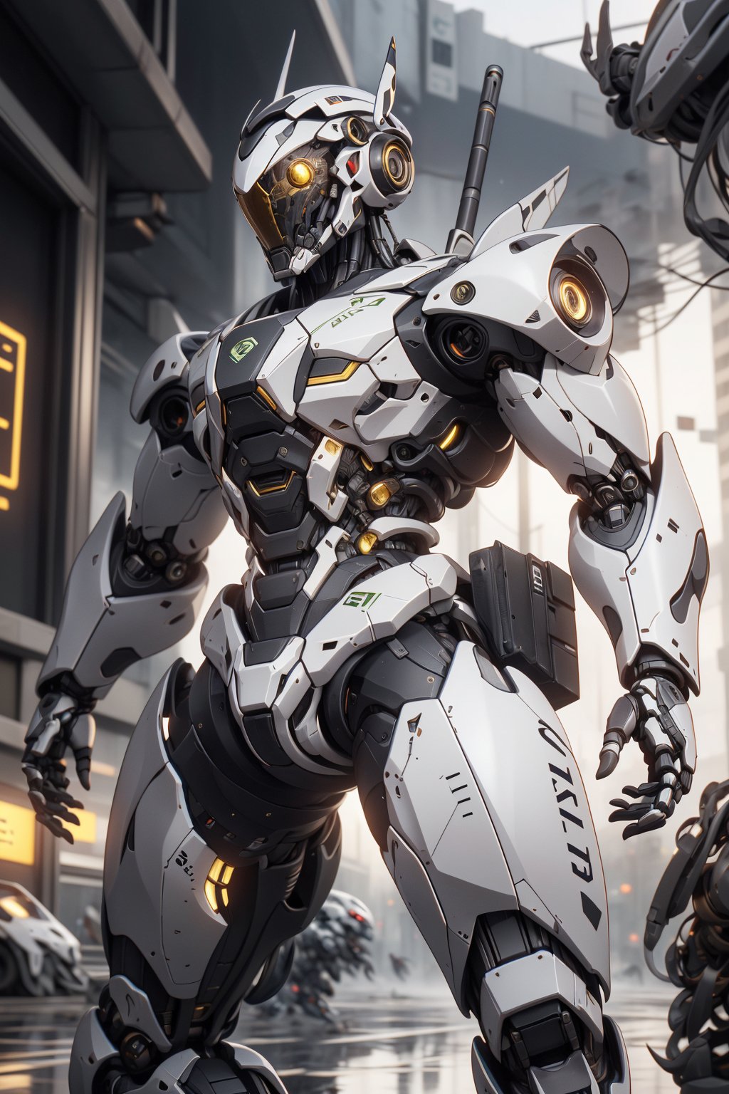 Create an poster image full lenght of a white dragon Robot Mecha Soldier, wearing Futuristic gold and white Soldier Armor and Weapons, Front View, Bring The Weapon, Reflection Mapping, Realistic Figure, Hyper Detailed, Cinematic Lighting Photography, hdr, ray tracing, nvidia rtx, super-resolution, unreal 5, subsurface scattering, pbr texturing, post-processing, anisotropic filtering, depth of field, maximum clarity and sharpness, hyper realism, depth of field --ar 51:64 --niji 6 --style raw