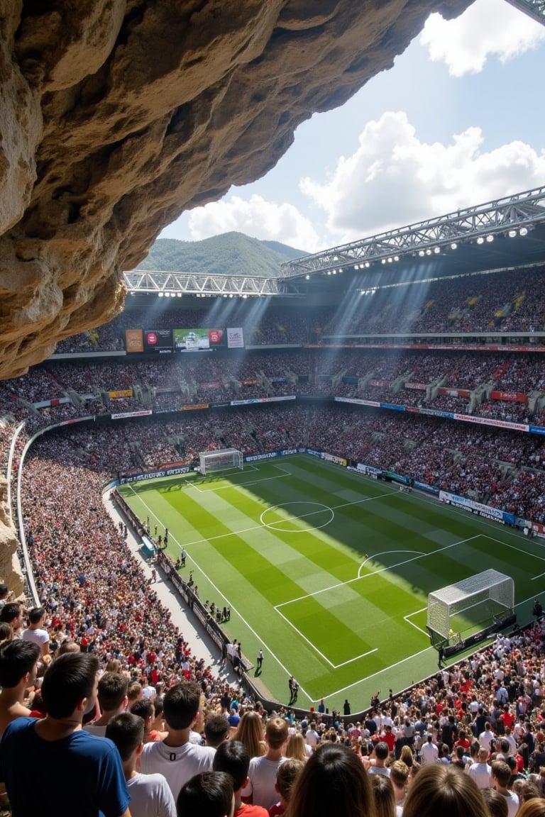 A soccer stadium,  built into the side of an ancient cliff,  with people playing on it. A crowd watches from above and aro...