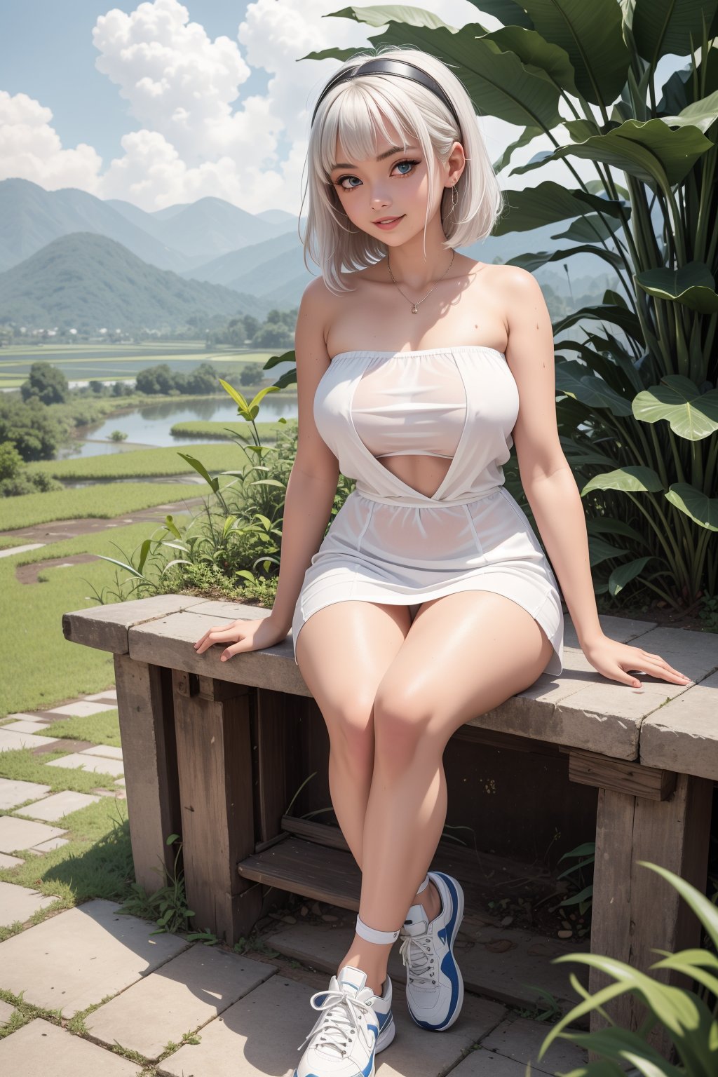 (Risteena Munim 1:1), 18 years old girl, instagram celebrities, detailed blue eyes, short wavy hair, white hair, short front bangs hair, messy hair, strapless tanktop short dress, sneakers shoes, wet clothes, HD, 8K, in the morning, walking at indonesian village, dirt path, rice fields, banana trees, mountains view, sitting on the edge of the ponds, showing beautifull thigh, headband,huge boob, from front,
1girl, most beautiful russian girl, Russian beauty model, stunningly beautiful girl, gorgeous girl, over sized eyes, big eyes, smiling, looking at viewer