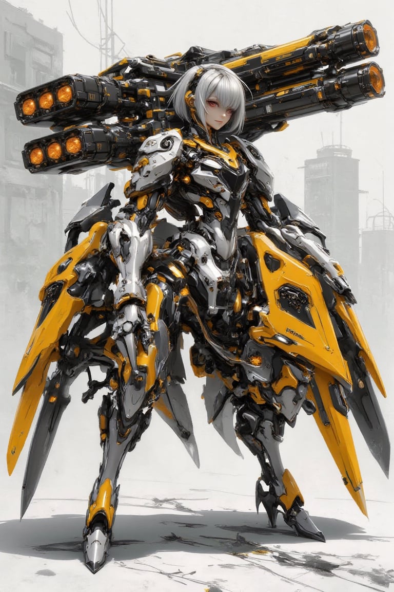A strikingly futuristic mecha-warrior,  blending elegance and lethality,  stands poised in a commanding stance by KIMI SHI...