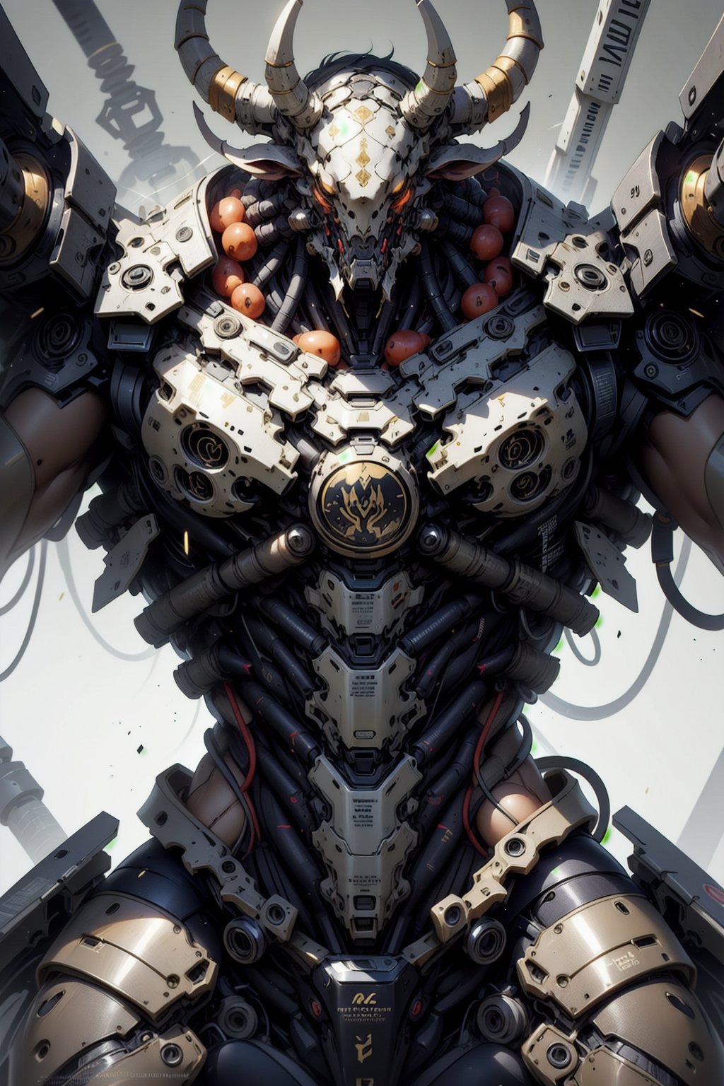 Close up of a warrior cow wearing a cybernetic suit with Warcraft elements, holding big guns in a dynamic fighting action pose. The colors are royal gold and royal white, inspired by Warcraft games.