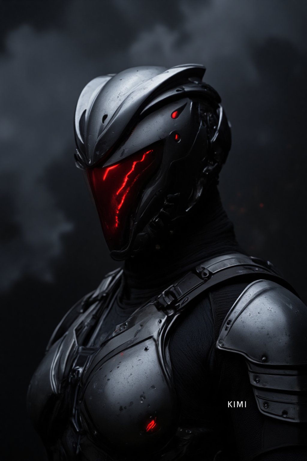 FuturisticWarrior style,, The image is a digital art piece that appears to be a futuristic or sci-fi scene. It shows a close-up of a gallente assault's head and upper body, with a metallic armor-like appearance. The gallente assault's face is covered in red eyes, giving it a futuristic and ominous look. The background is a dark, cloudy sky with a hint of smoke or dust. The overall mood of the image is dark and ominous. The word "KIMI" is written in white text on the bottom right corner, with the word "EVE" in a larger font size than the rest of the text.