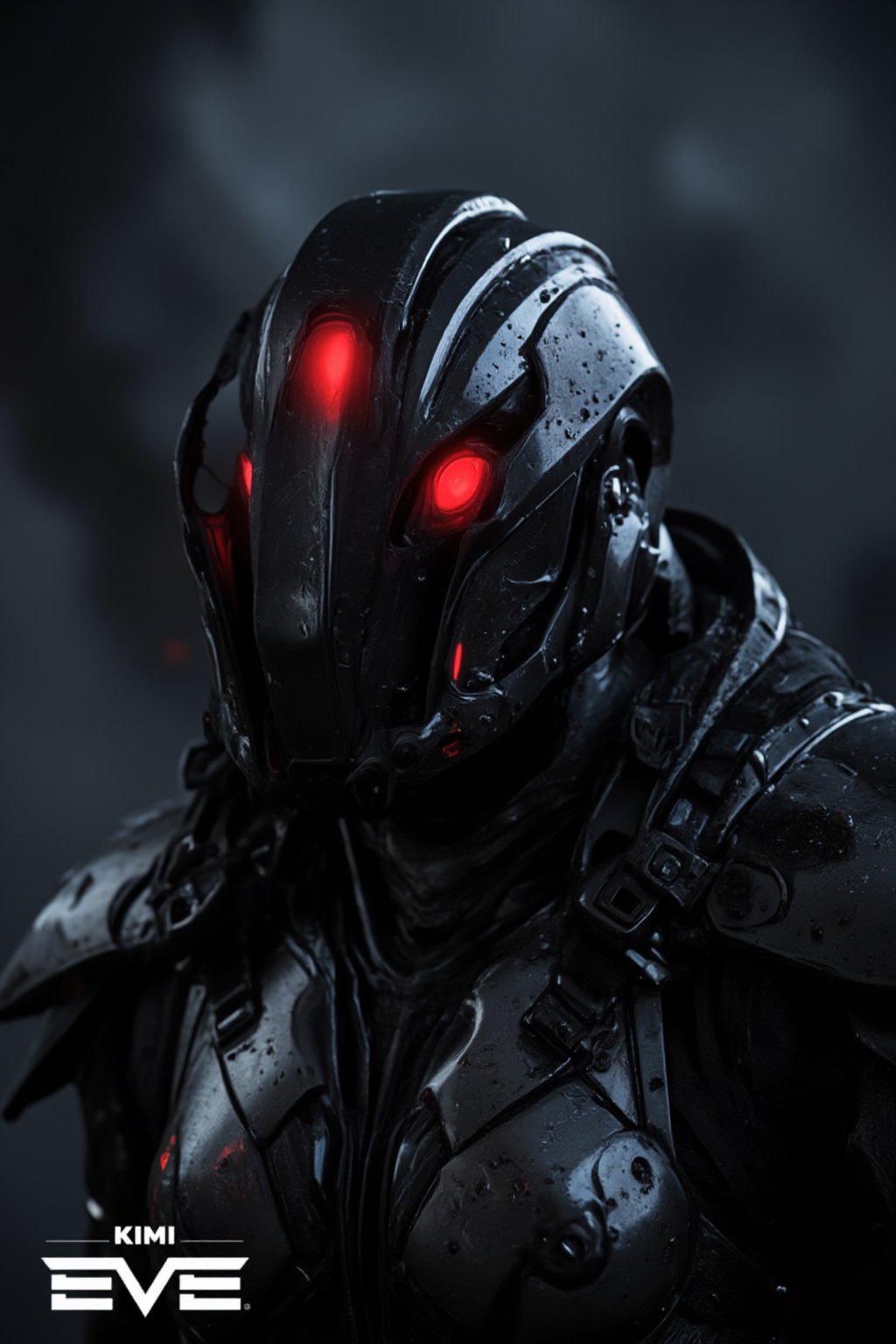 FuturisticWarrior style,, The image is a digital art piece that appears to be a futuristic or sci-fi scene. It shows a close-up of a gallente assault's head and upper body, with a metallic armor-like appearance. The gallente assault's face is covered in red eyes, giving it a futuristic and ominous look. The background is a dark, cloudy sky with a hint of smoke or dust. The overall mood of the image is dark and ominous. The word "KIMI" is written in white text on the bottom right corner, with the word "EVE" in a larger font size than the rest of the text.