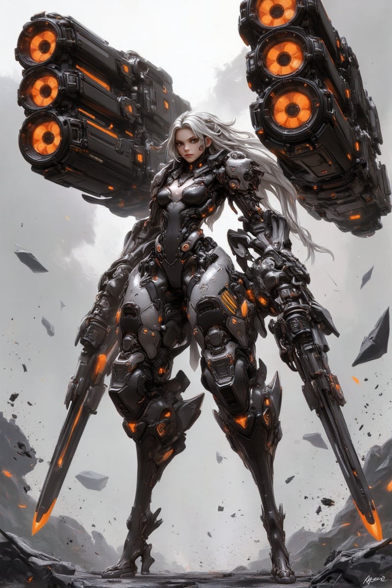 A stunning fusion of human elegance and mechanized power,  this futuristic female warrior dominates the scene,  surrounded...