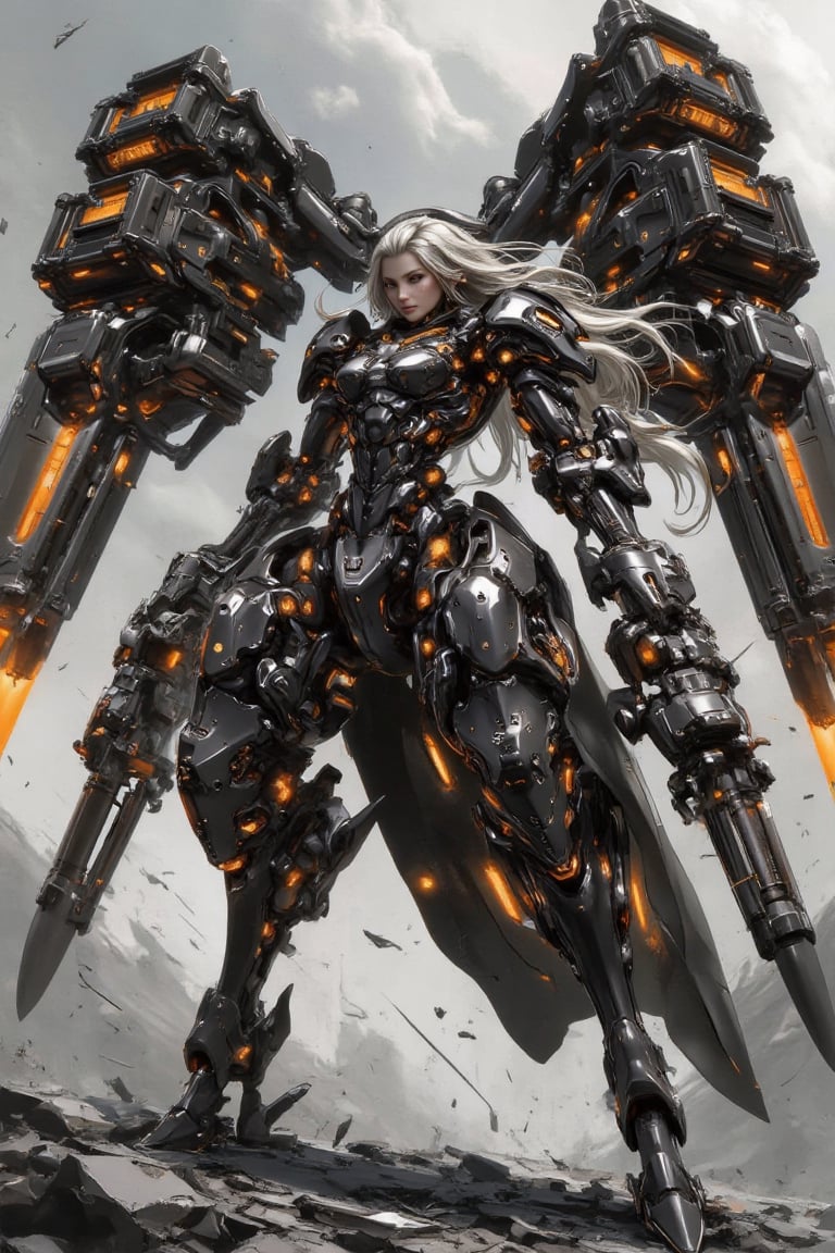 A stunning fusion of human elegance and mechanized power,  this futuristic female warrior dominates the scene,  surrounded...
